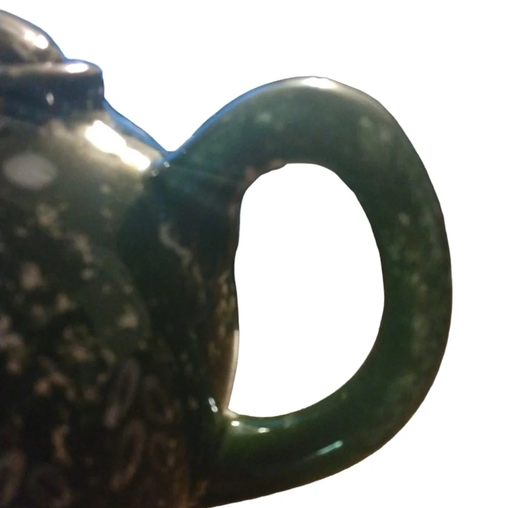 Cabin in the Woods Winter Teapot Spongeware Green & White Chance Hold Ceramic